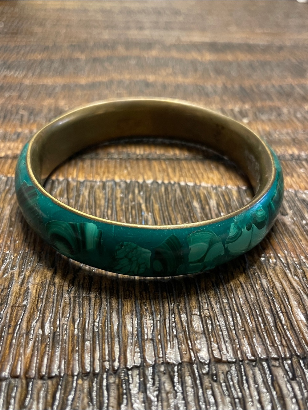 Green Marbled Malachite and Brass  Bangle Bracelet